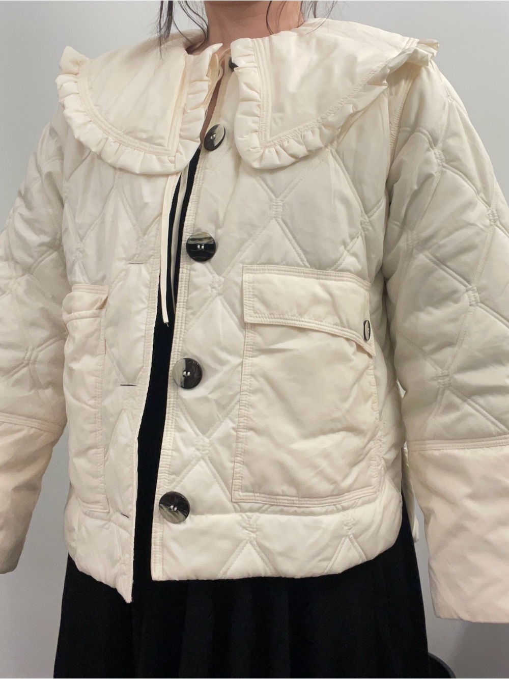 Ganni Cream Quilted Puffer Jacket with Ruffle Collar - size 34